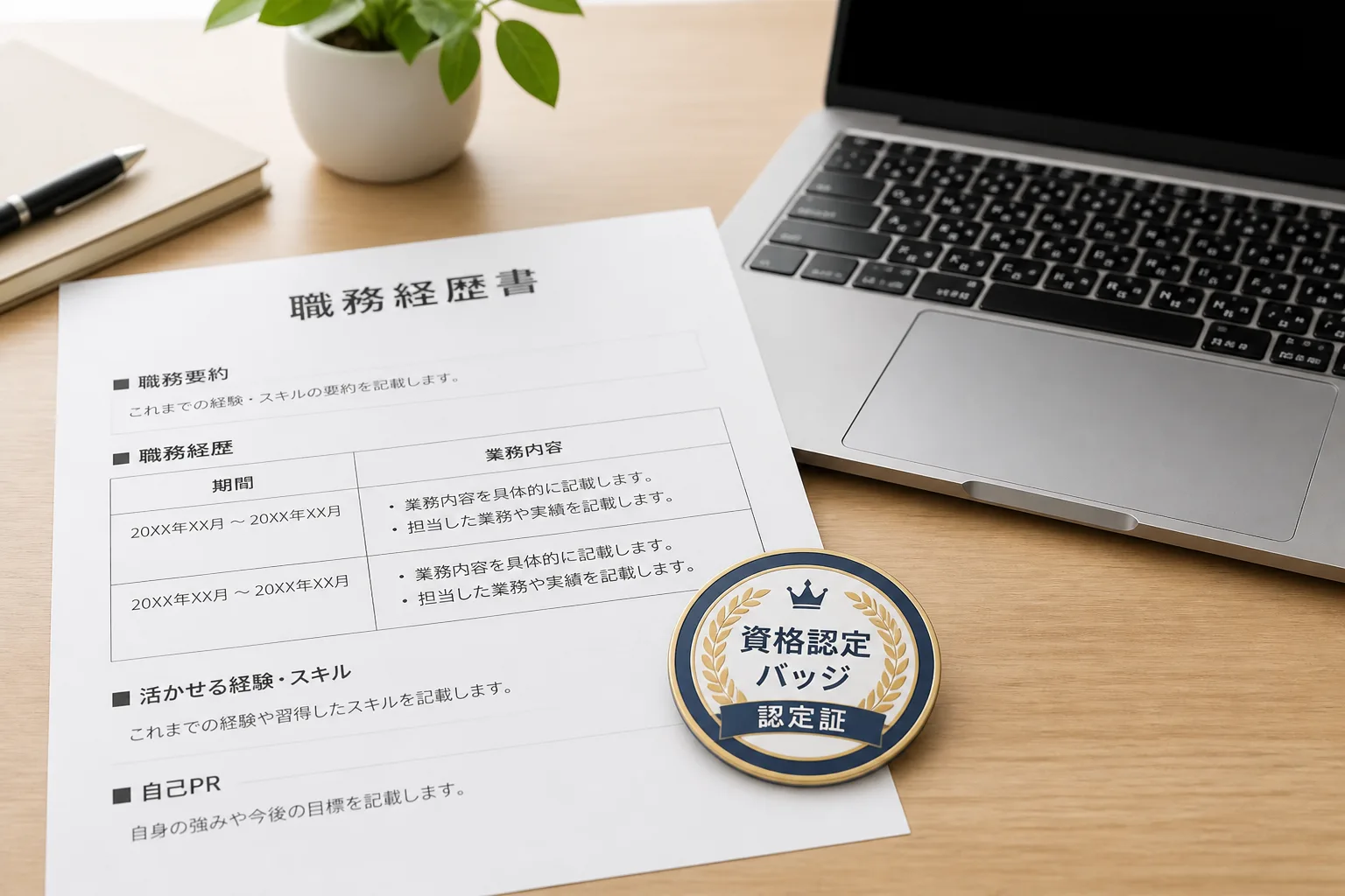 職務経歴書と資格バッジが並ぶ情景。資格が実務経験を裏付ける材料になることを表す