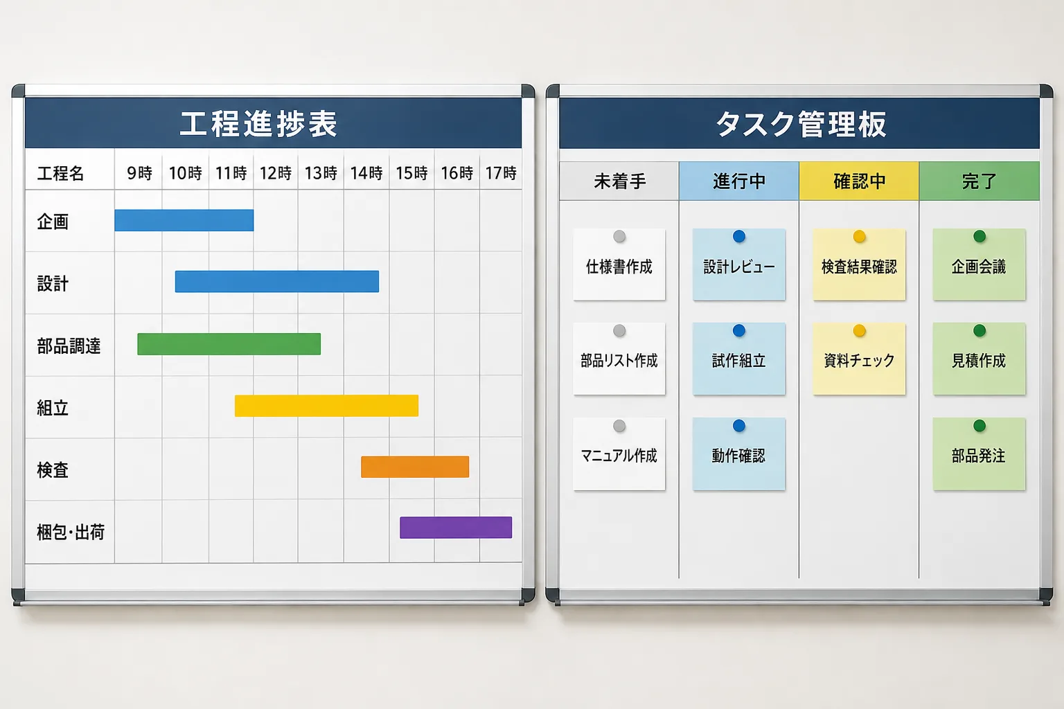 横棒の工程表が並ぶ盤と、カードが貼られたタスク管理の掲示板を並べた比較図