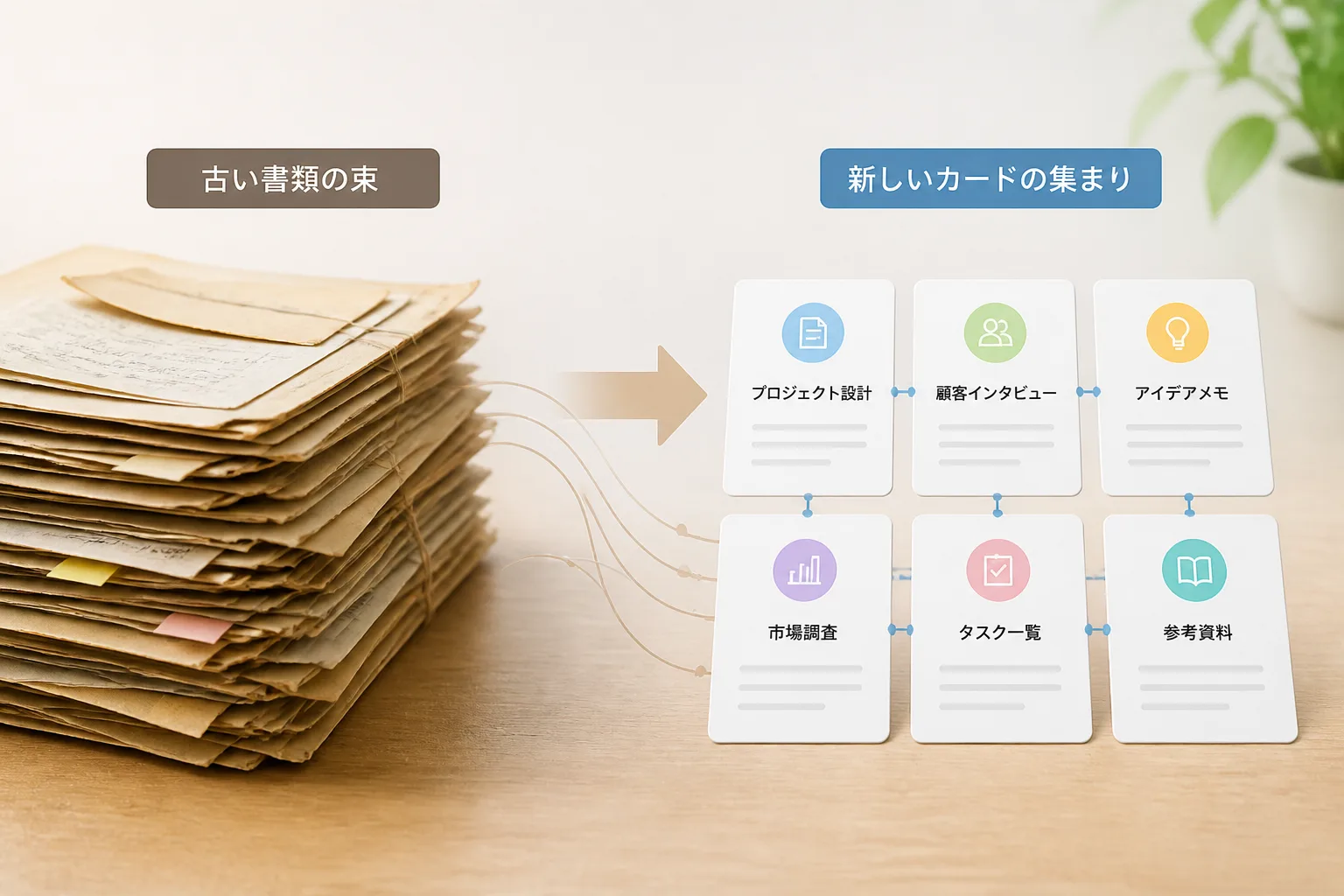 旧来の書類の束が新しいカード群へ整理し直される様子を示す図解。ITILの用語が再編されてきたことを表すイメージ