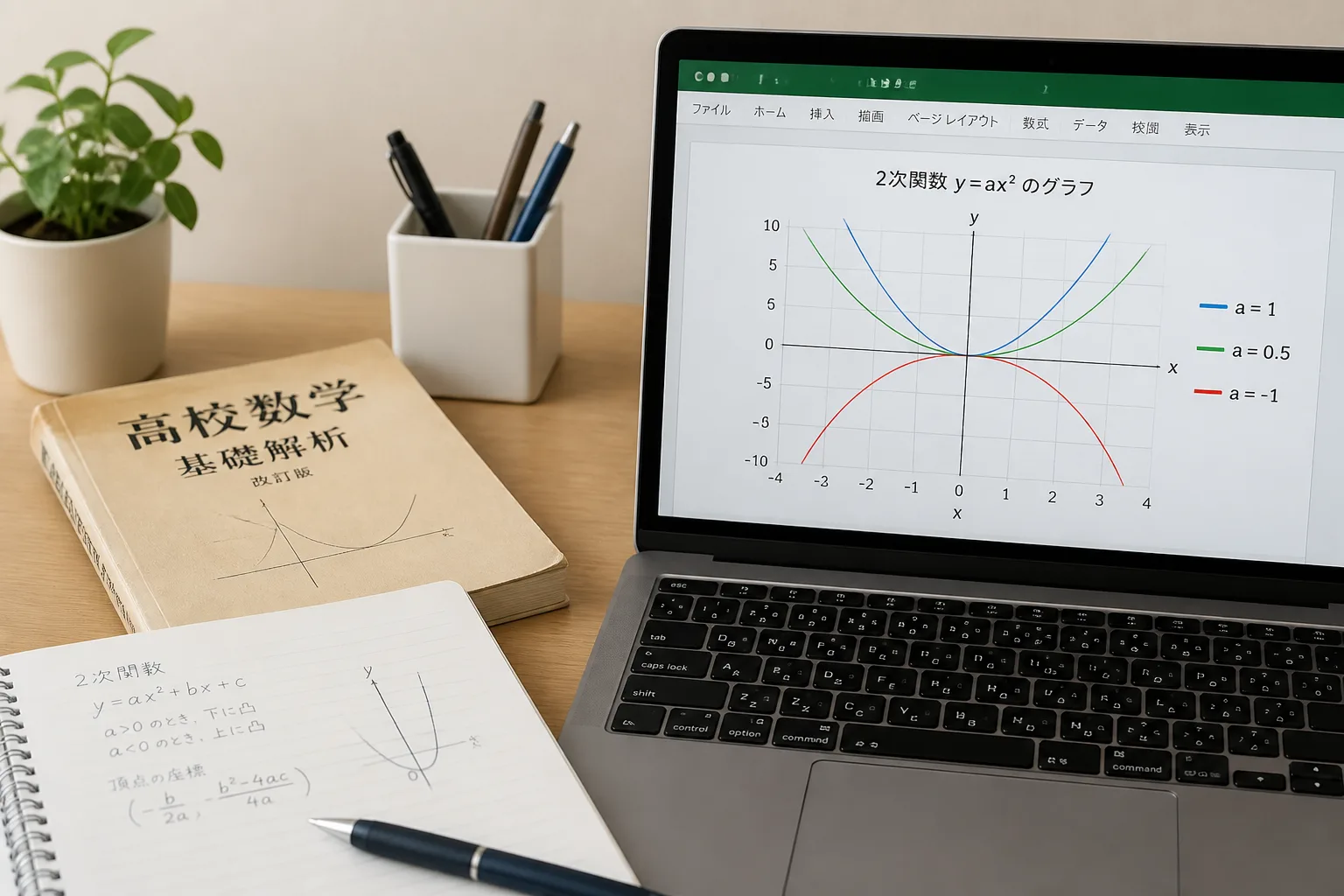 高校数学の参考書とノートパソコンの表計算ソフトが並ぶ机の様子。数学の学び直しからツール活用への橋渡しを表す
