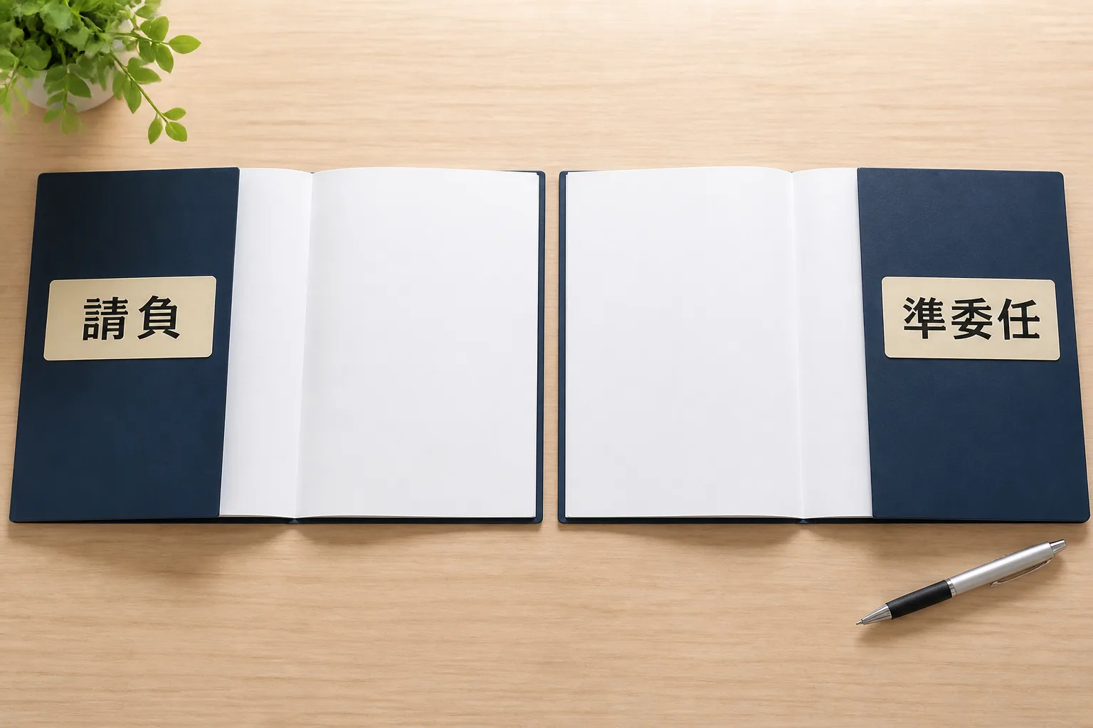 「請負」「準委任」とラベルが貼られた2冊の契約書が机の上に開かれて並んだ構図。契約前に確認する事項をイメージした画像