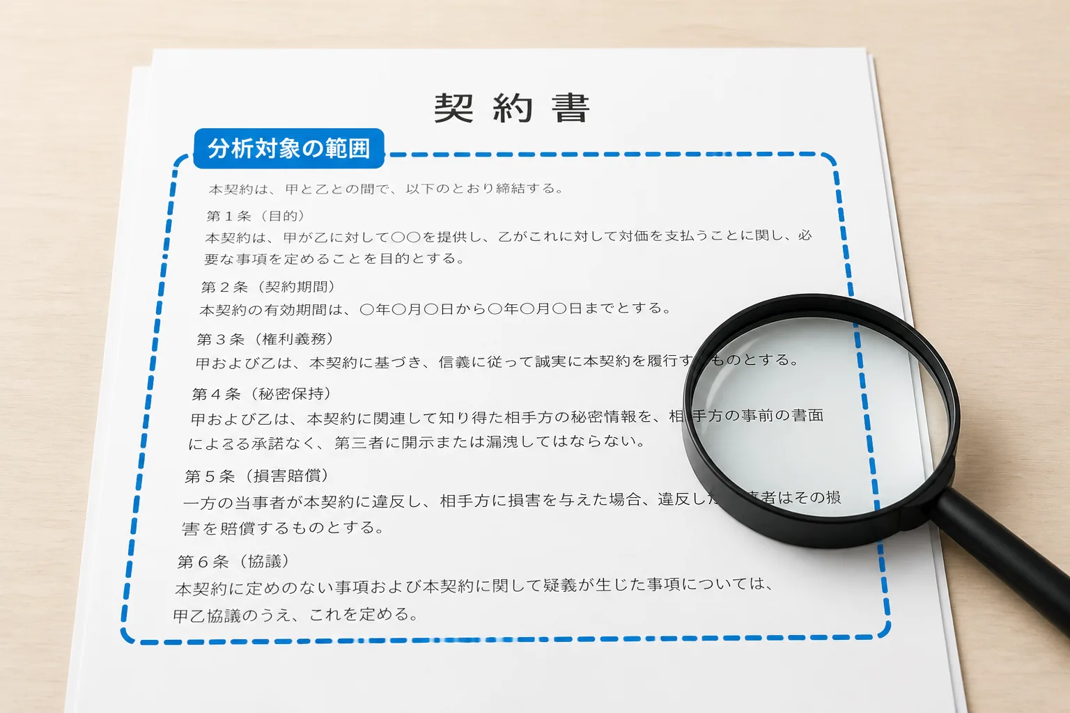 契約書の上に置かれた虫眼鏡と、分析対象範囲を示す破線の囲み