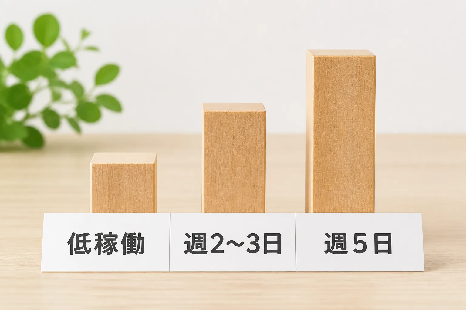 低稼働・週2〜3日・週5日の3つの稼働形態を高さの違うブロックで並べ、稼働率によって月額報酬が変わることを示す図解。