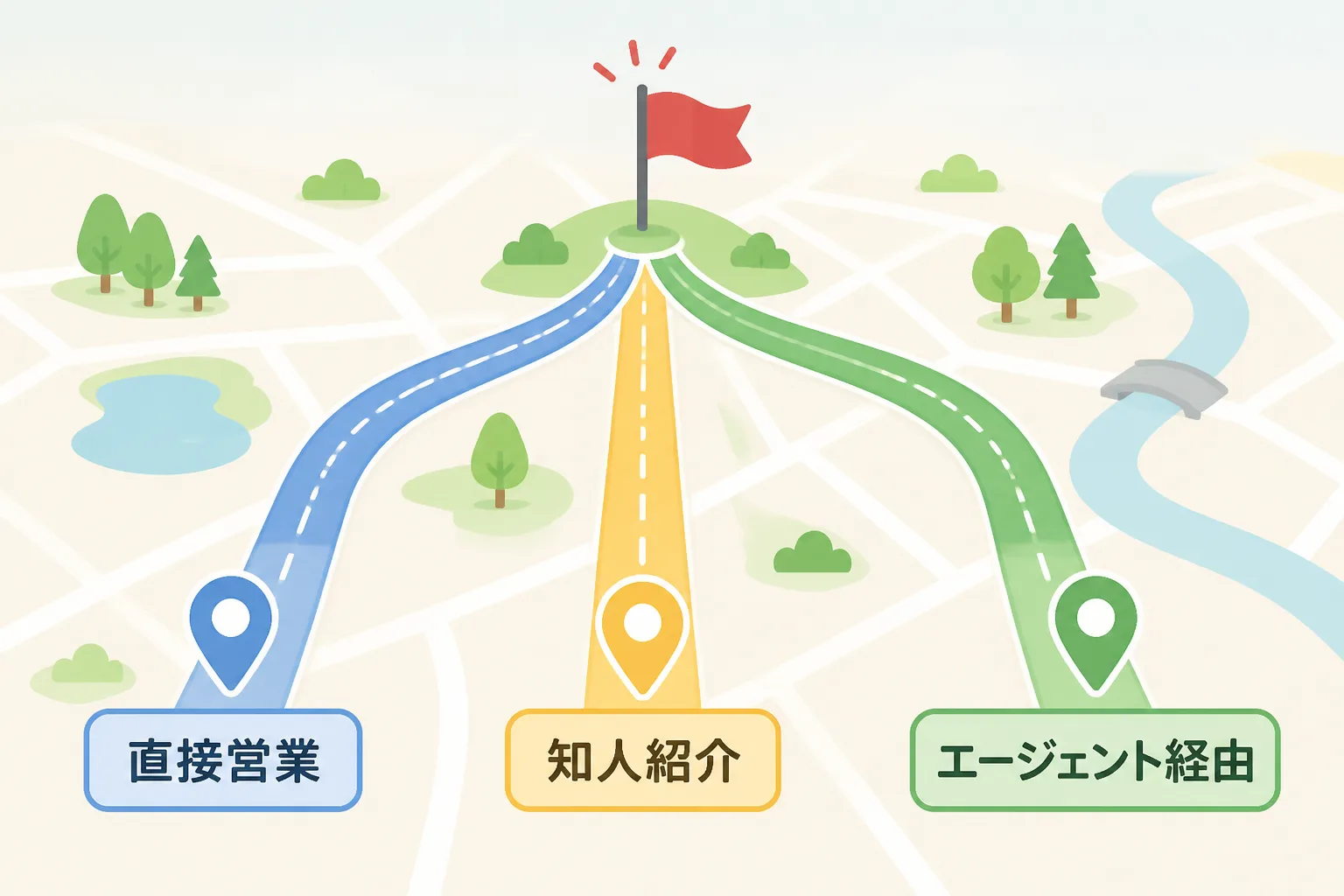 直接営業・知人紹介・エージェント経由という3つの案件獲得ルートを示した地図風の図