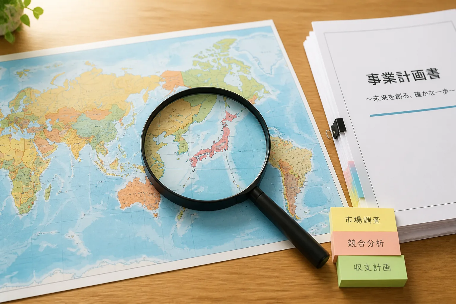 世界地図の上で虫眼鏡を使って市場調査を進める様子と、脇に積まれた事業計画書を示す図解