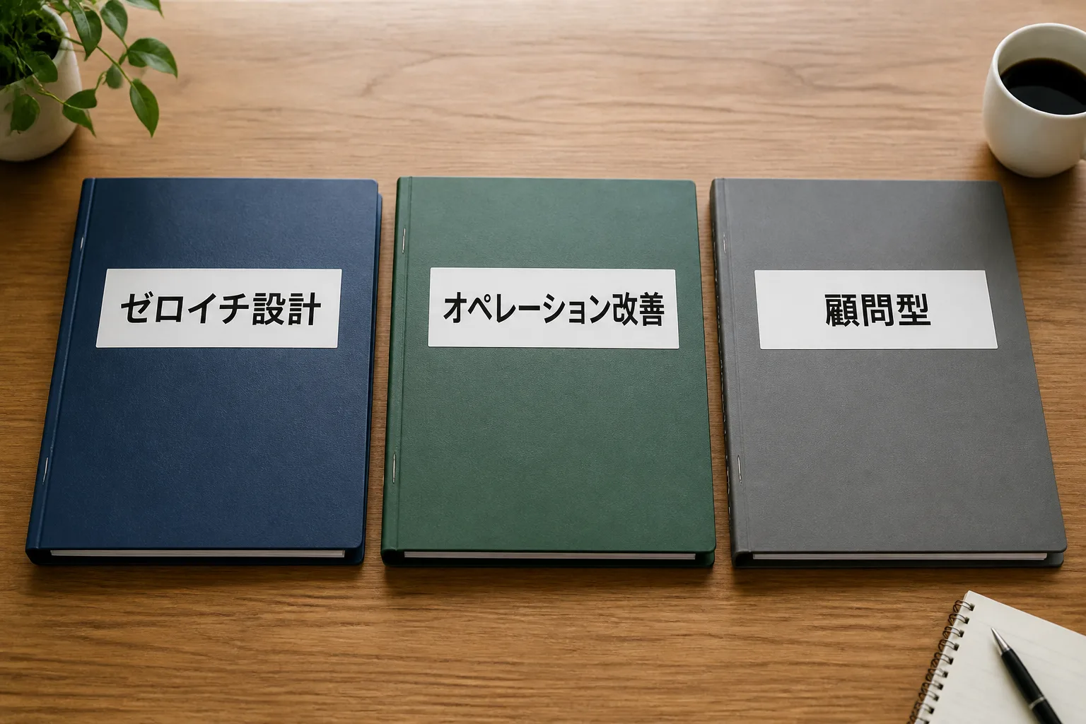 ゼロイチ設計・オペレーション改善・顧問型という3つの関与形態を示すラベル付きファイル