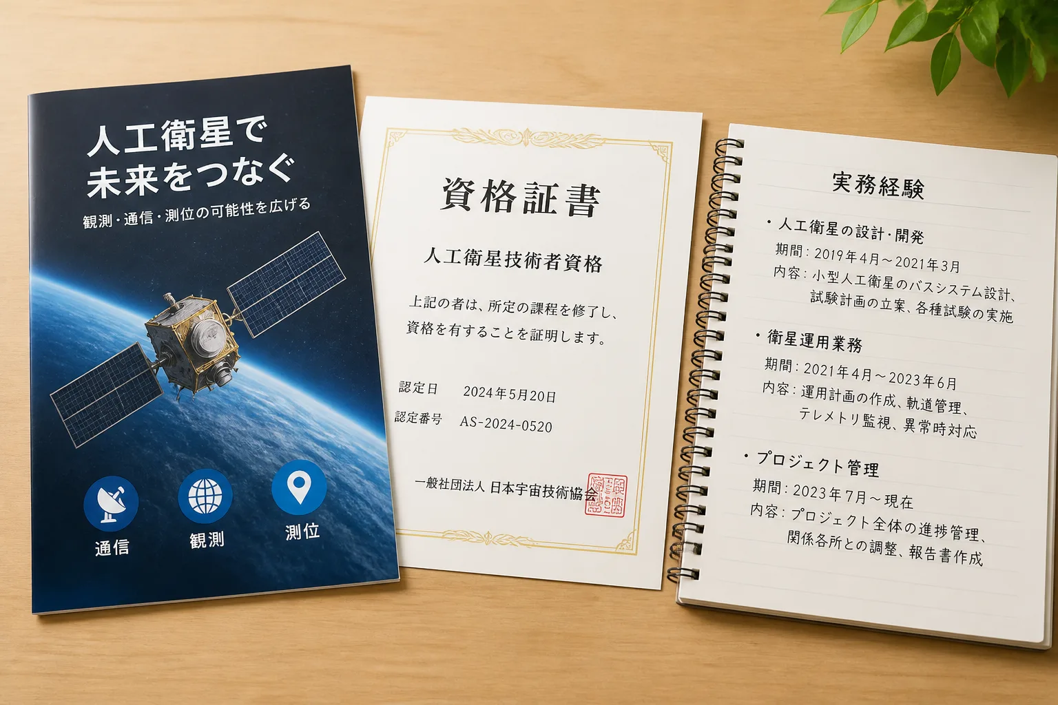 宇宙関連のパンフレットと資格証書、実務経験を整理したノートが並ぶ図解