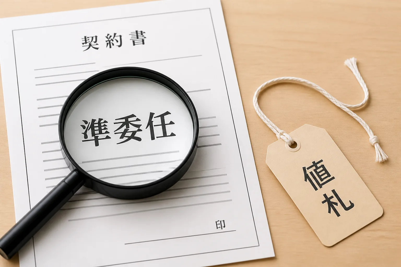 契約書と虫眼鏡、緩んだ値札を組み合わせ、契約形態の理解不足と値下げ営業のリスクを示すイメージ