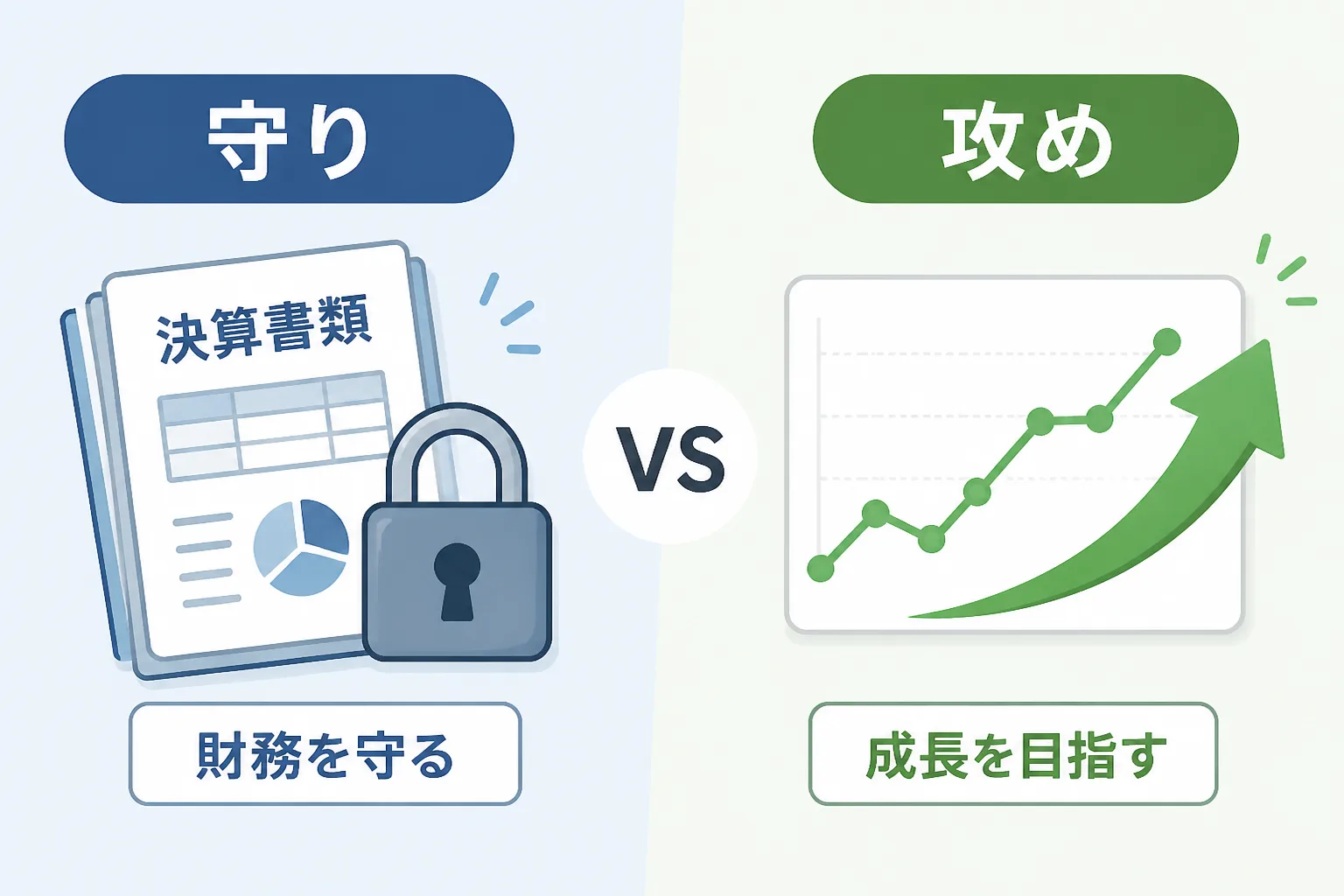 決算書類と鍵で表す守りの経理と、グラフと矢印で表す攻めの経理を左右に並べた比較図解
