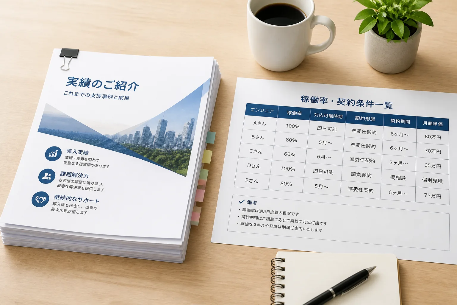 実績をまとめた提案資料の束と契約条件の一覧表が並べて置かれた商談前の机上の情景