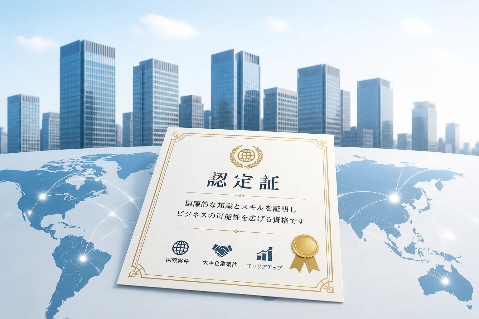 世界地図と大手企業のオフィスビル群を背景にした認定資格証明書のイメージ。国際案件・大手企業案件との関連を象徴する図。