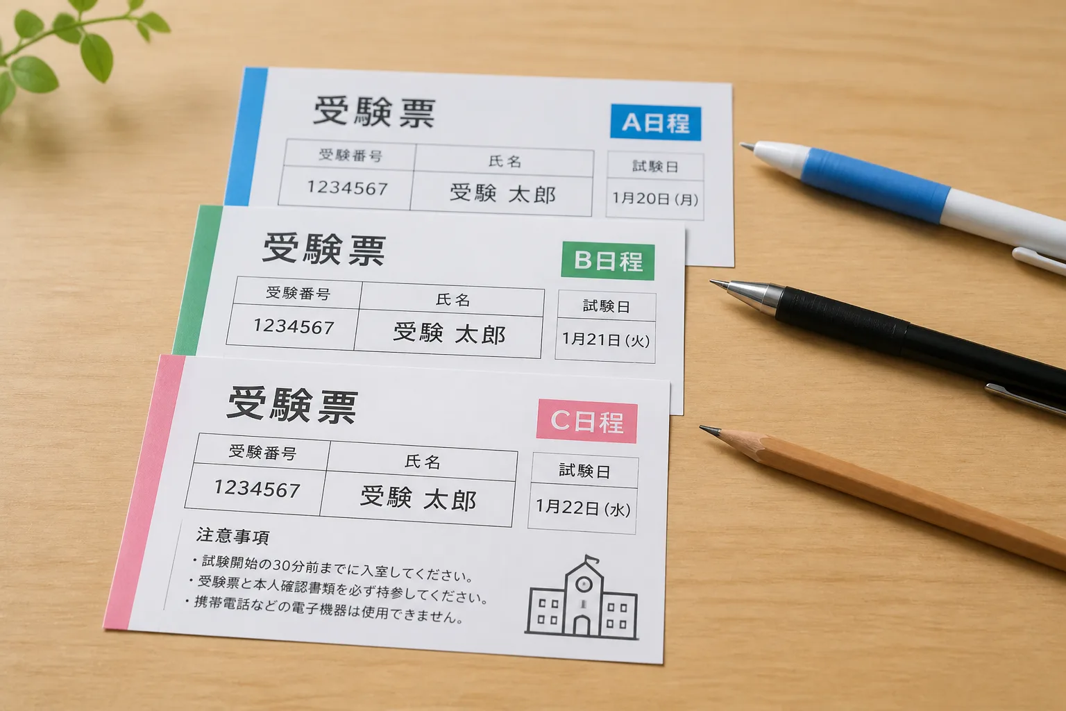 3枚の受験票が重ねて置かれた構図。統計検定・データサイエンティスト検定・データ分析実務スキル検定という3つの検定を象徴する構成