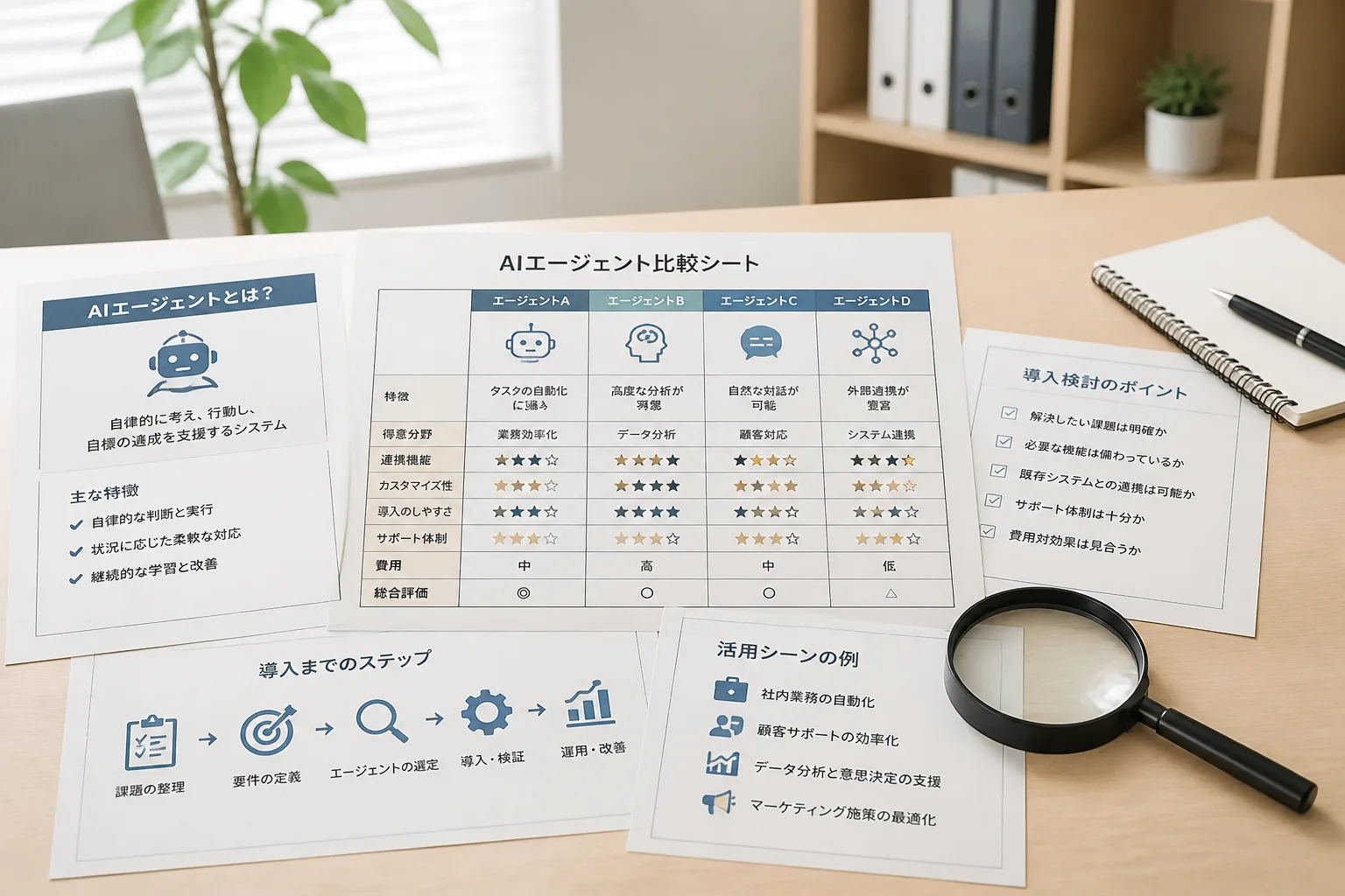 複数の資料と虫眼鏡が机に置かれた情景。エージェント経由の案件動向を調べる様子を表すイメージ