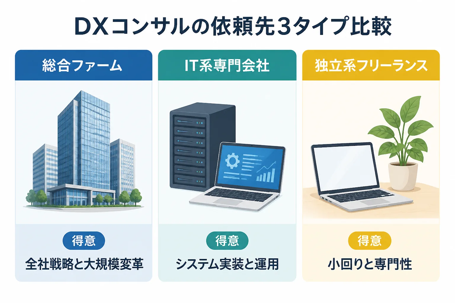 総合ファーム、IT系専門会社、独立系フリーランスの3タイプの得意分野を並べて比較した図解