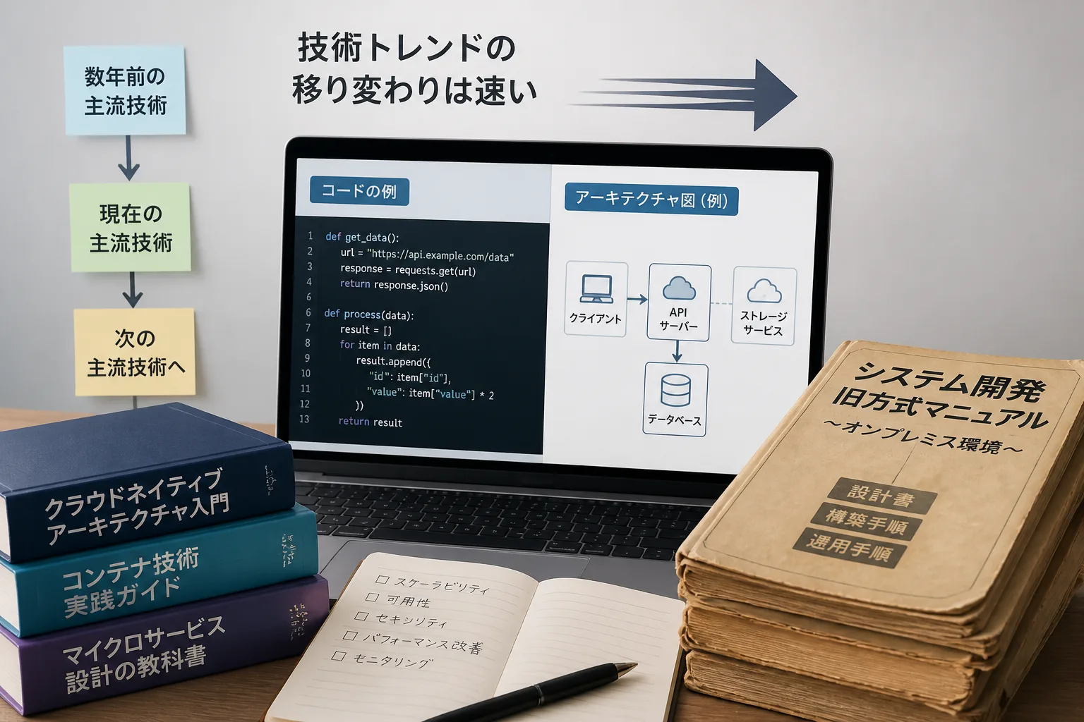 ノートパソコンの画面に表示されたコードやアーキテクチャ図と、古びたマニュアルが重なる机上の情景