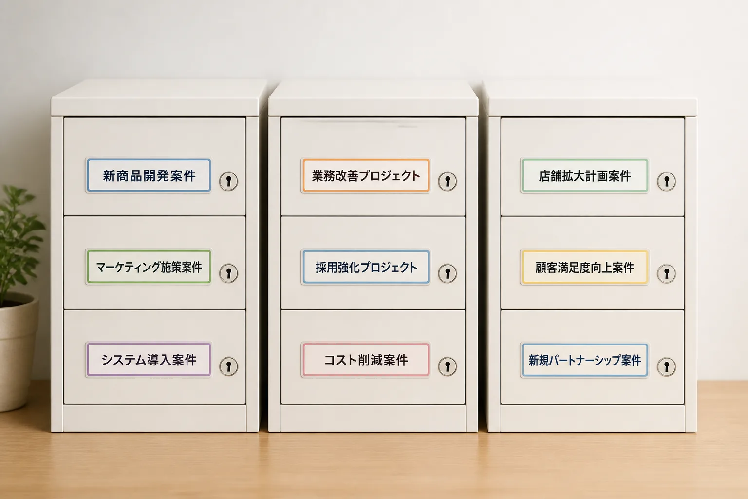 案件ごとに分かれた引き出しに鍵のアイコンが付いたキャビネットが3つ並ぶ様子