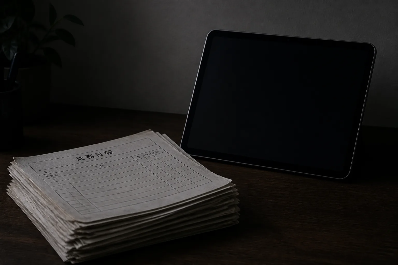 画面が使われていないタブレット端末の手前に、使い慣れた紙の帳票が積み上げられている様子
