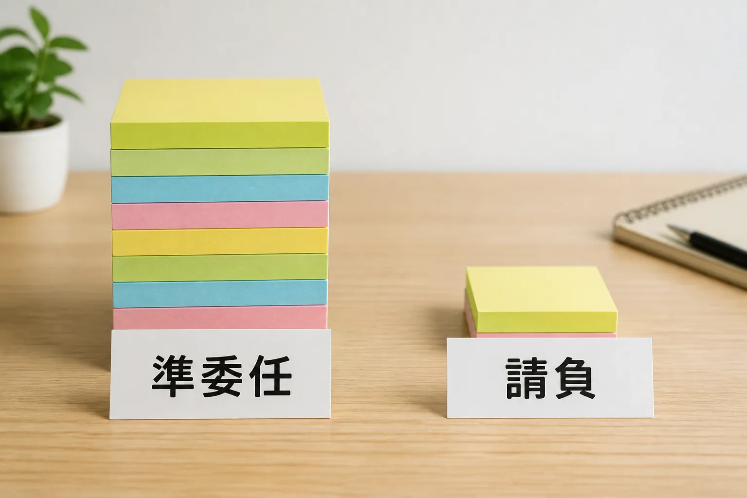 多数の付箋が積まれた準委任の山と、少数の付箋の請負の山を対比した図解。編集部調査で準委任契約が多数派だった傾向を表す