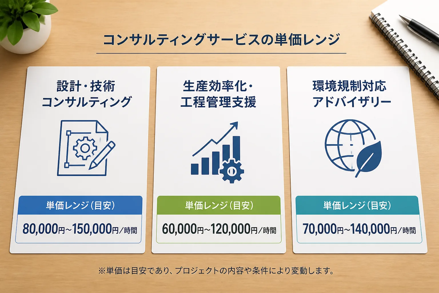 設計・技術コンサルティング、生産効率化・工程管理支援、環境規制対応アドバイザリーの3つの業務領域を示す書類カードと、それぞれの単価レンジを示す帯グラフの図解。