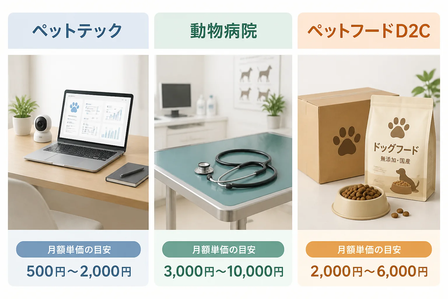 ペットテック・動物病院・ペットフードD2Cブランドの3つの発注元タイプ別に単価目安レンジを示す比較図