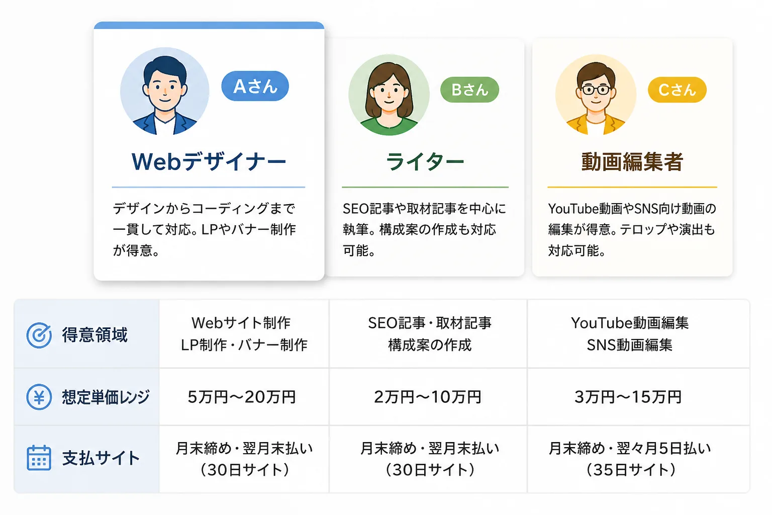 労務コンサルタント向けフリーランスエージェント3社を得意領域・想定単価レンジ・支払サイトの3項目で比較する表の図解