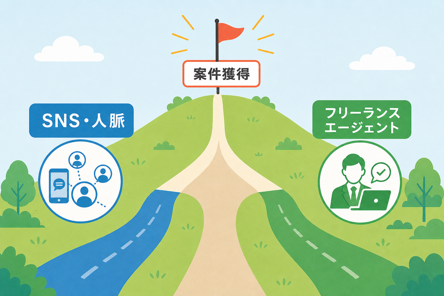 SNS・人脈とフリーランスエージェントという2つの案件獲得チャネルが合流する図解