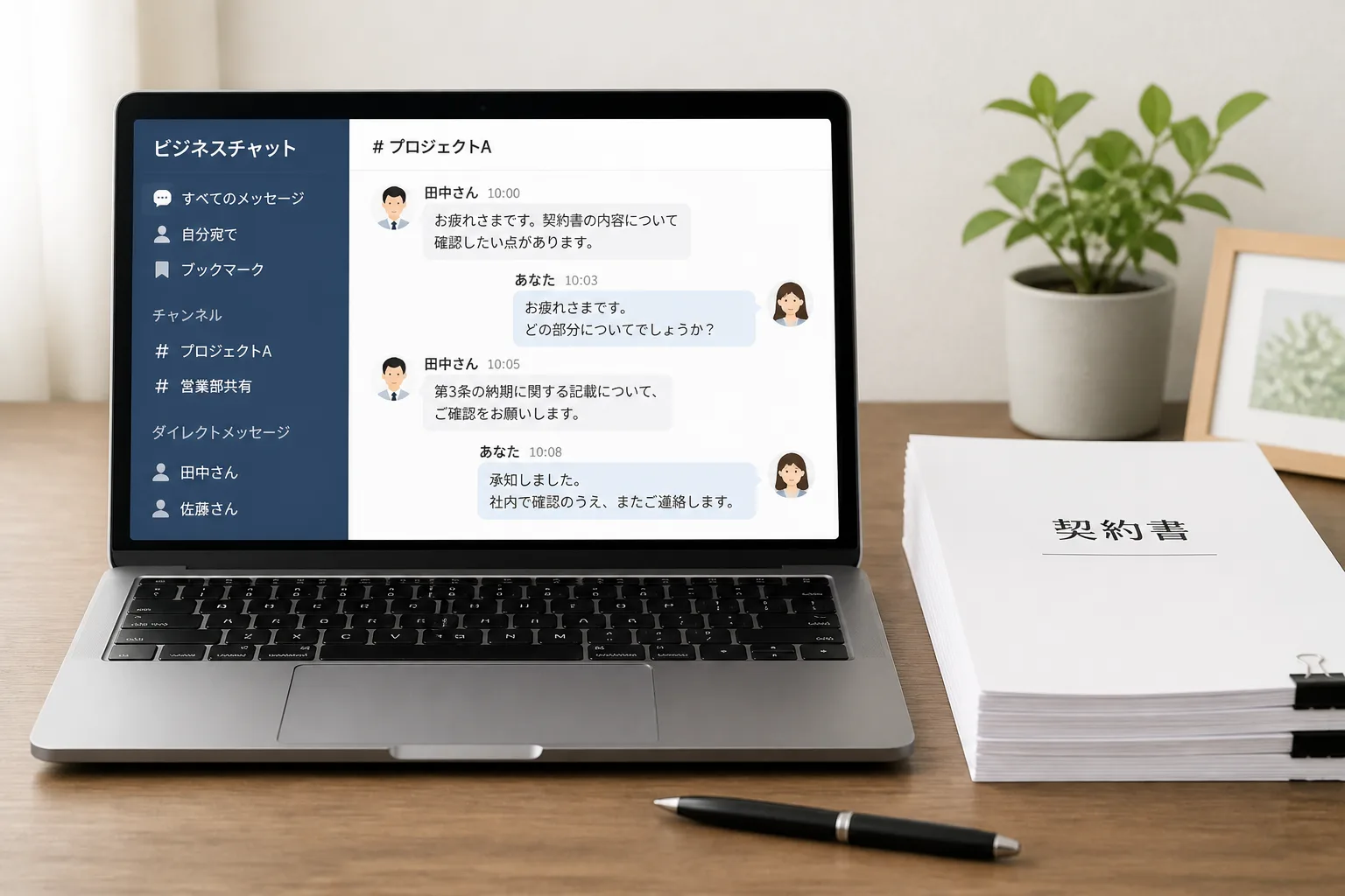 ノートパソコンのビジネスチャット画面と契約書の束が置かれた在宅ワークの机