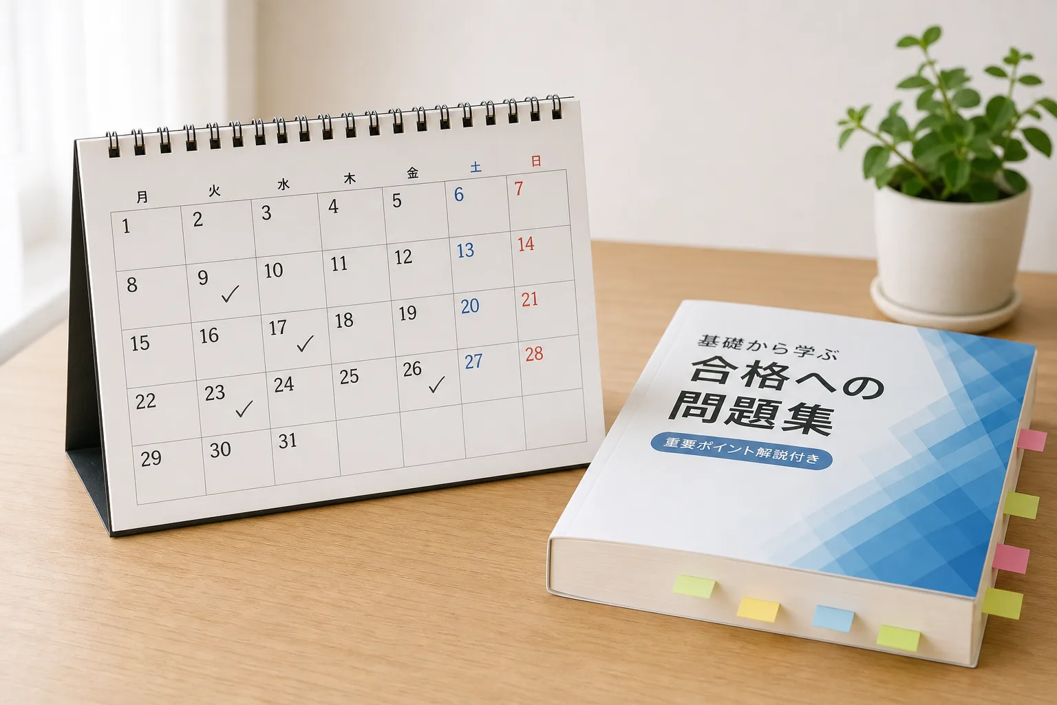 学習スケジュールを書き込んだ卓上カレンダーと参考書