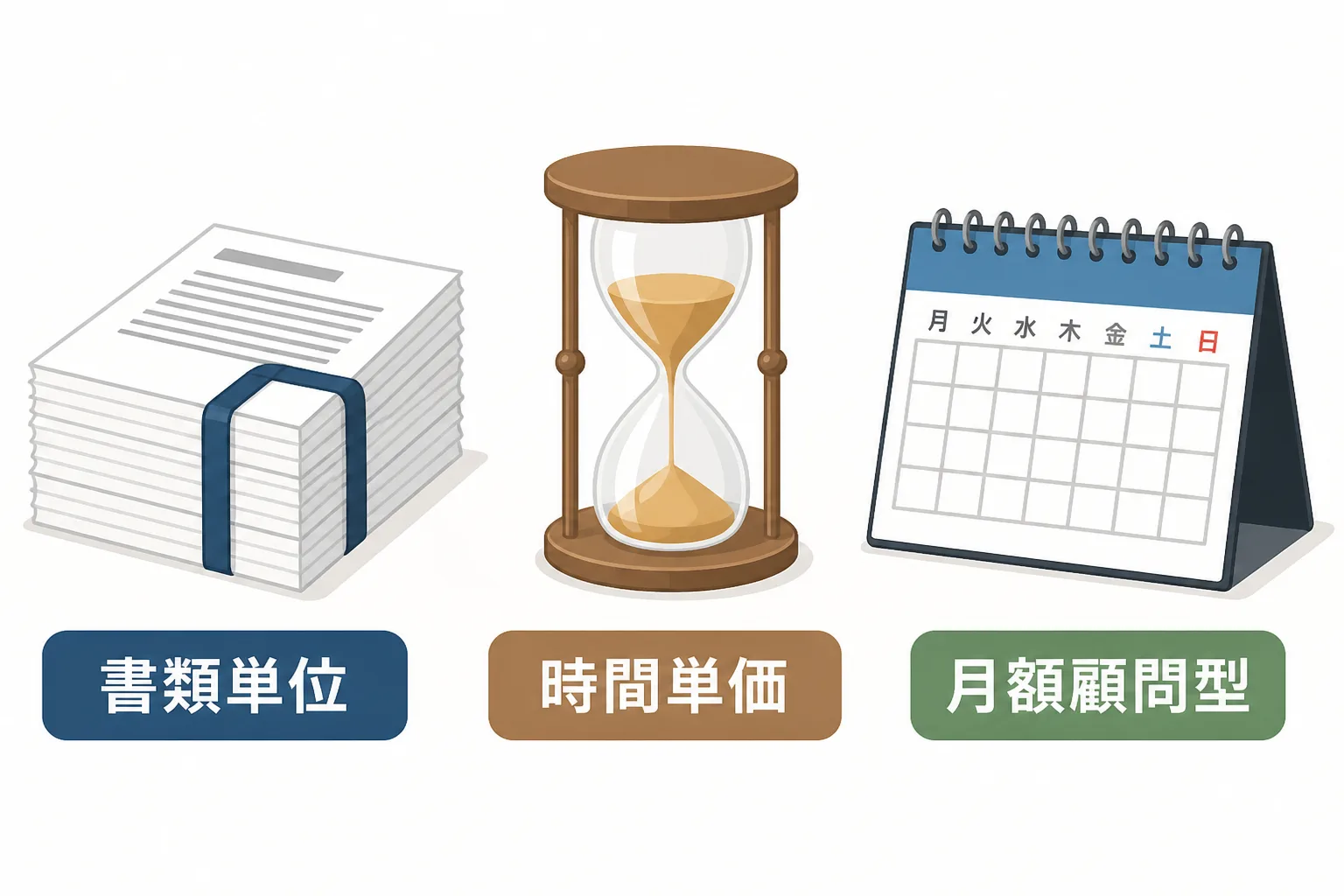 契約書レビュー代行の3つの契約形態（書類単位・時間単価・月額顧問型）を示す図解