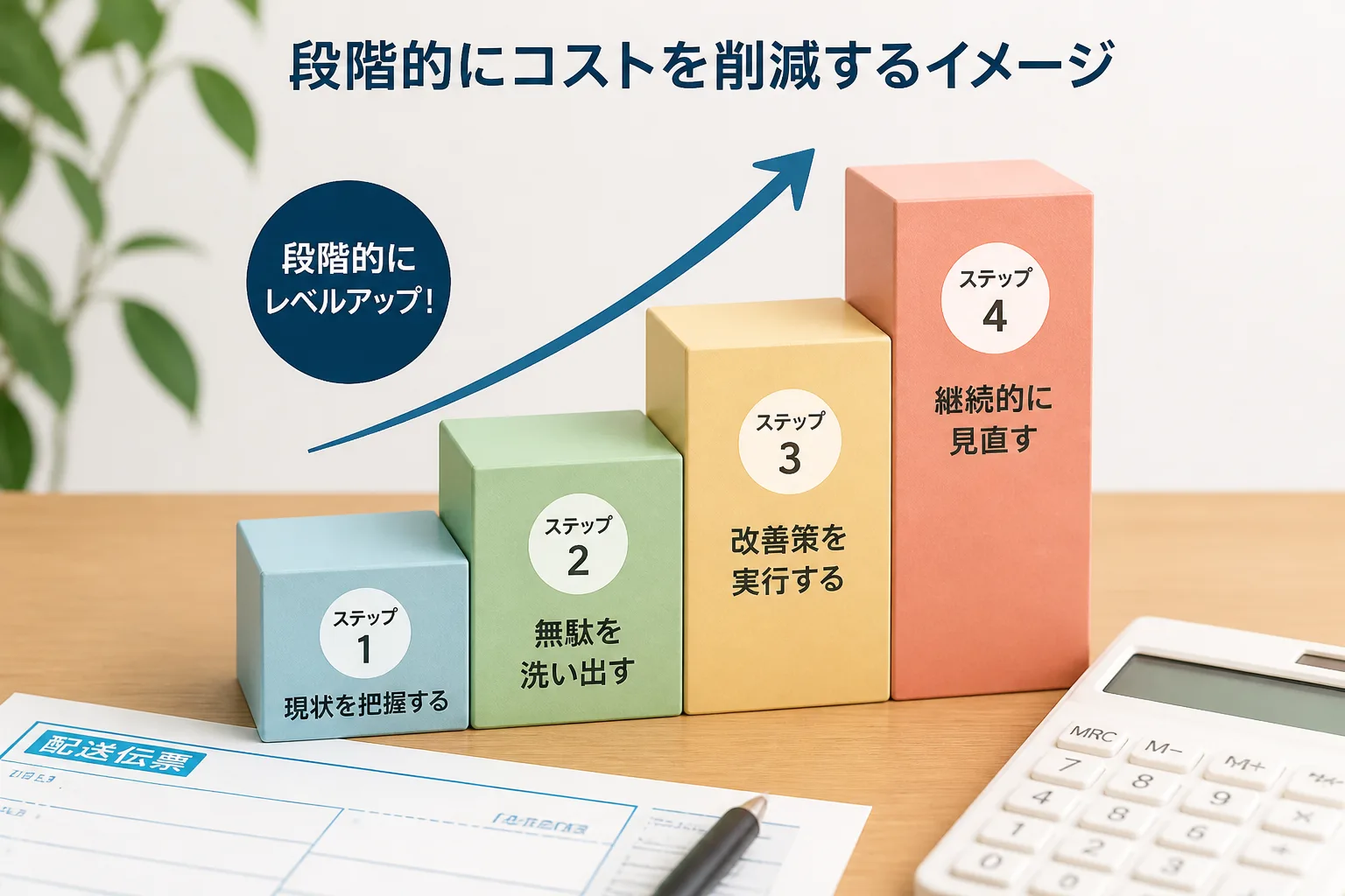 配送伝票と電卓が置かれた机の上で、高さの異なる直方体のブロックが段階的に積み上がっていく、経験レベル別の単価レンジを表す図解
