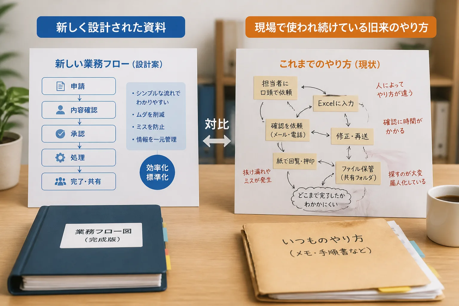 新しい業務フロー設計が現場で使われず、旧来のやり方がそのまま残っている様子を示す情景
