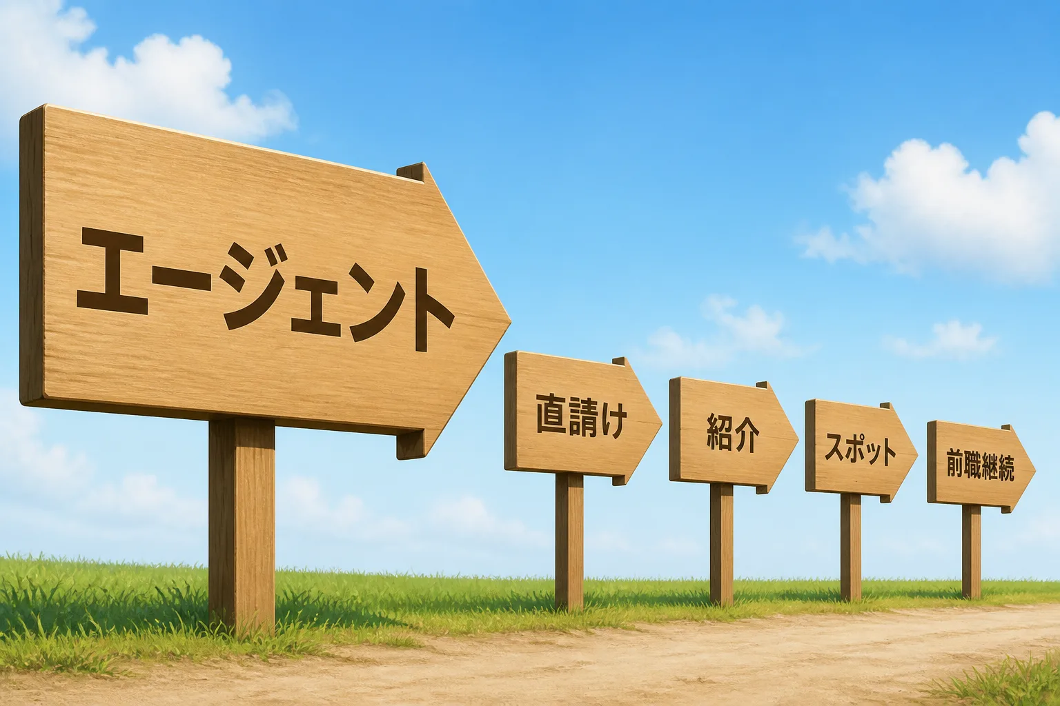 エージェント経由・直請け・紹介・スポットマッチング・前職からの継続という5つのルートを示す矢印看板の図解