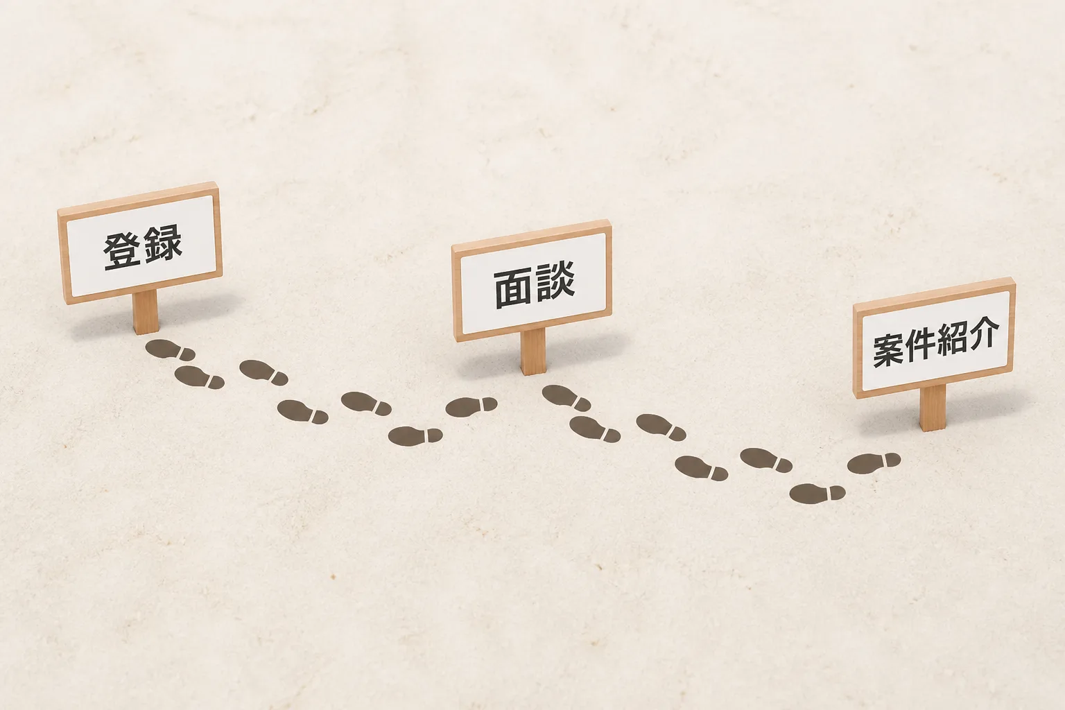 登録・面談・案件紹介の3段階を足跡と立て札で示した図解。