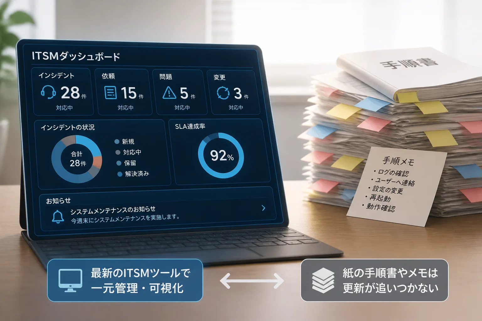 導入されたITSMツールの画面と、実際には使われず離れた場所に置かれた紙の手順書を対比させた情景