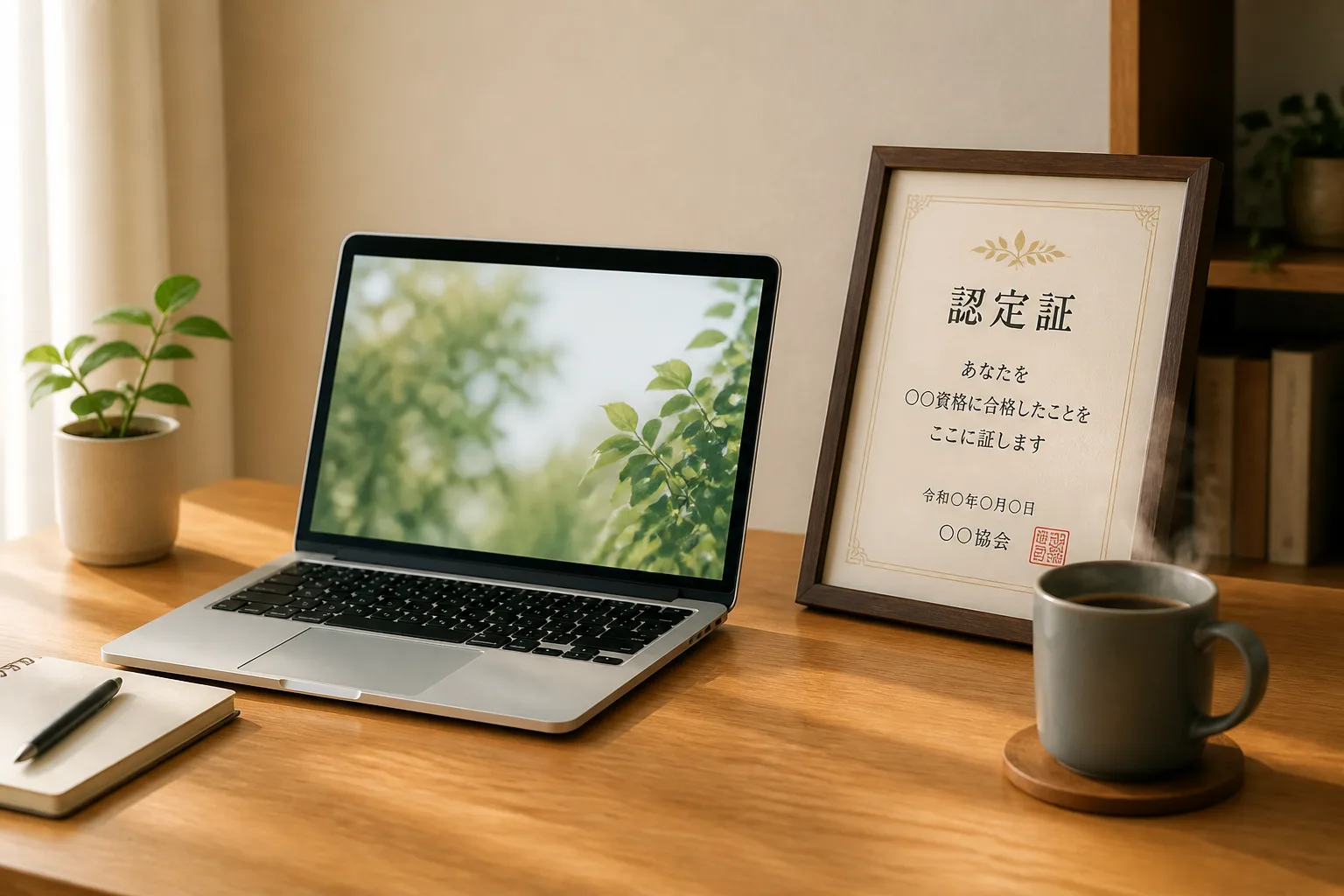 独立系ITコンサルタントの作業デスクに置かれたノートパソコンと資格認定証、マグカップの情景