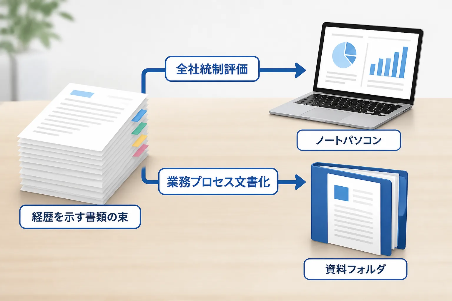経歴の実務内容をラベル化して案件相談の場につなげる流れを示す図解(人物なし)