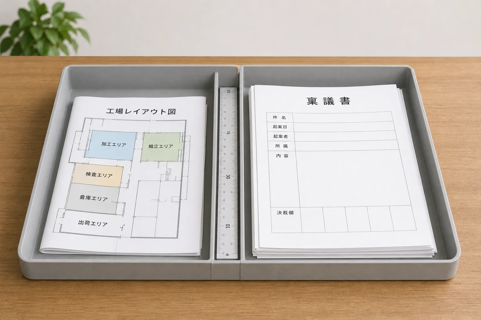 工場のレイアウト図と稟議書の紙束が仕切られたトレーに分けて置かれ、製造業向けBPRとバックオフィスBPRの案件の違いを表す構図。