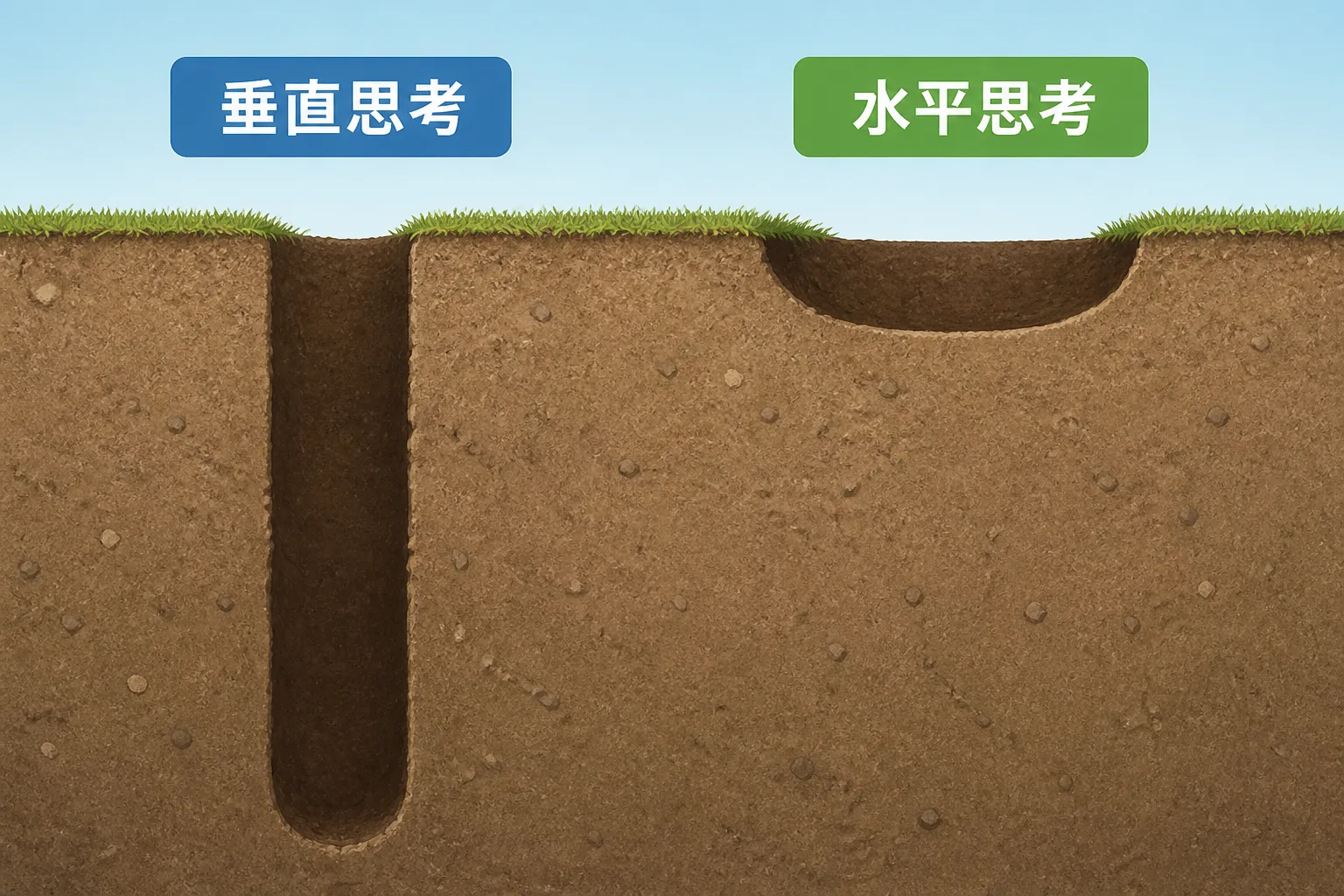 まっすぐ深く掘り進める垂直思考の穴と、新しい場所に掘り始める水平思考の穴を対比した断面図