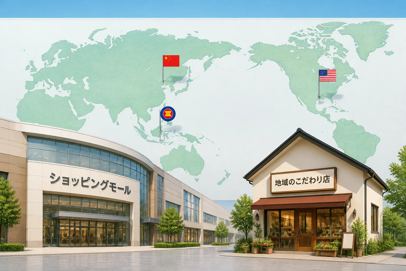 越境ECモール出店型を表す大型モールの建物と、自社越境サイト構築型を表す独立店舗を並べ、背景の世界地図に中国・東南アジア・米国のピンを配置した比較イメージ