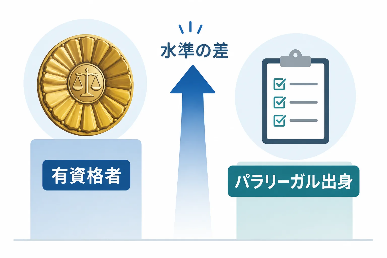 有資格者とパラリーガル出身者を並べ、単価差を上向き矢印で示した比較図解。