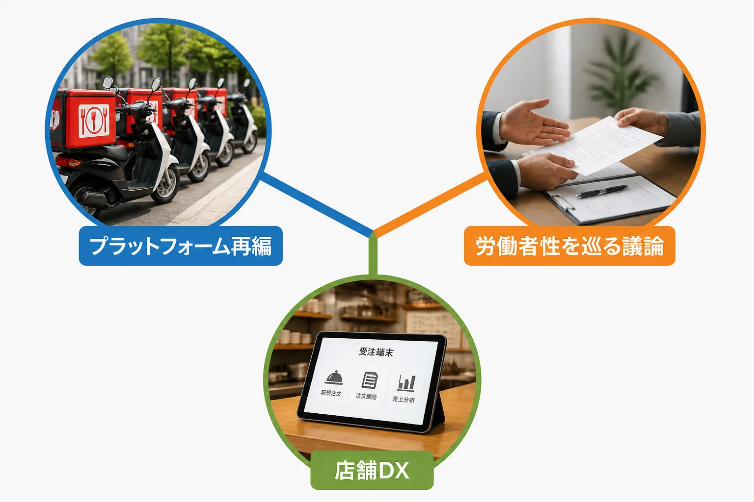 プラットフォーム再編・労働者性を巡る議論・店舗DXという3つの変化が同時に枝分かれしている図解。フードデリバリー業界で同時進行する構造変化を示すイメージ。