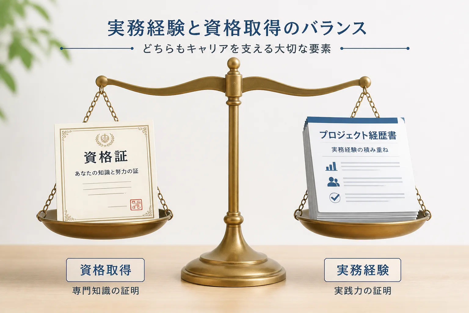 資格証とプロジェクト経歴書を天秤に乗せて実務経験と資格取得の優先度を示す図解