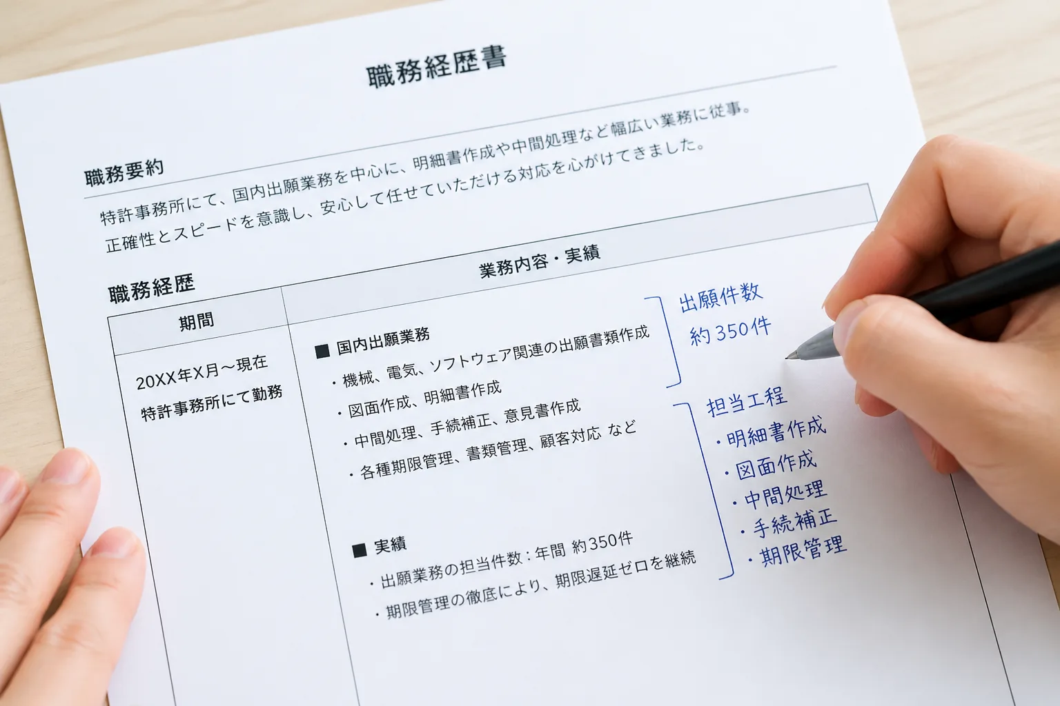 経歴書の実績欄に出願件数や関与工程を書き込んでいる手元の情景
