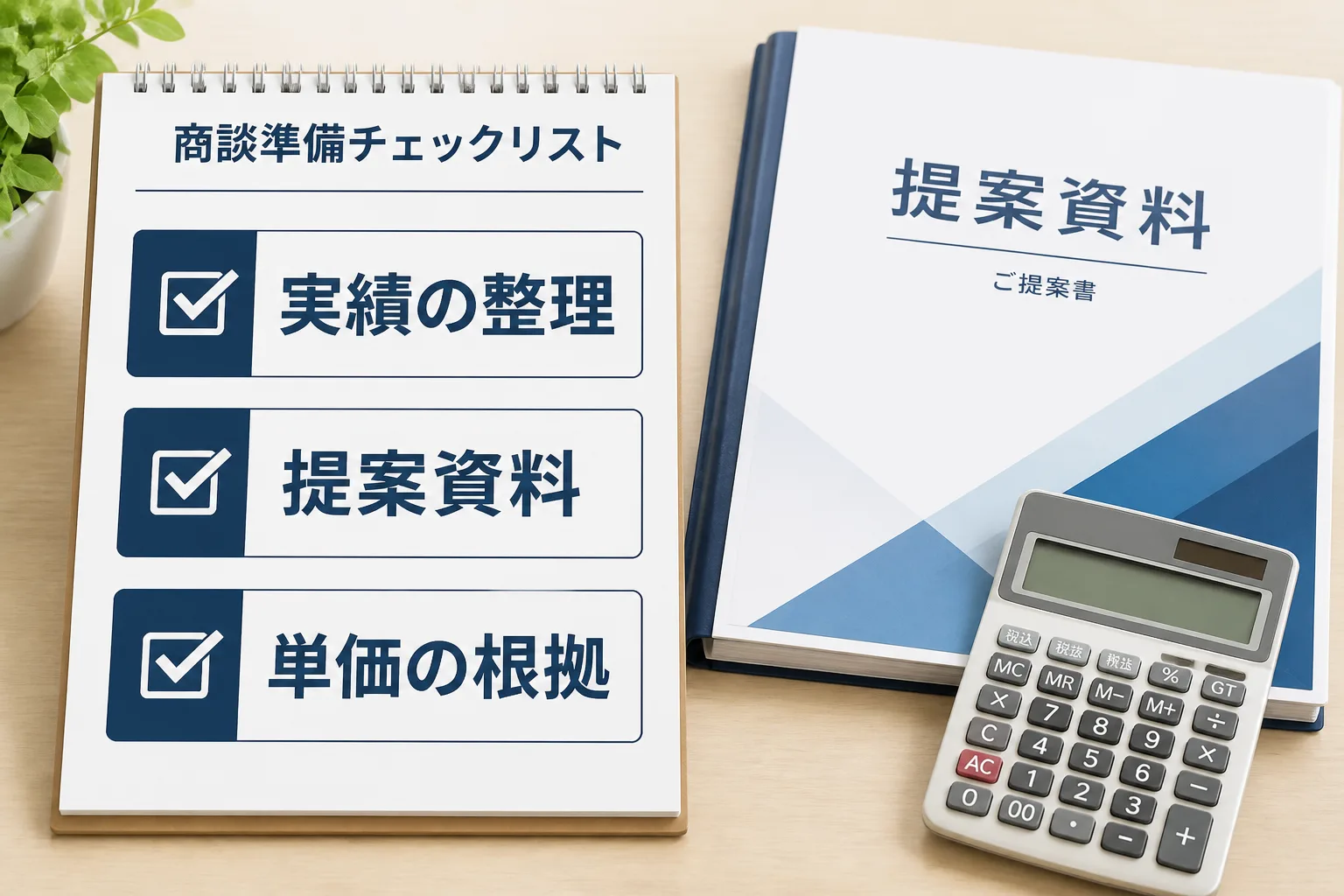 実績の整理・提案資料・単価の根拠という3つの商談準備項目を並べたチェックリストと、提案資料のファイル、電卓