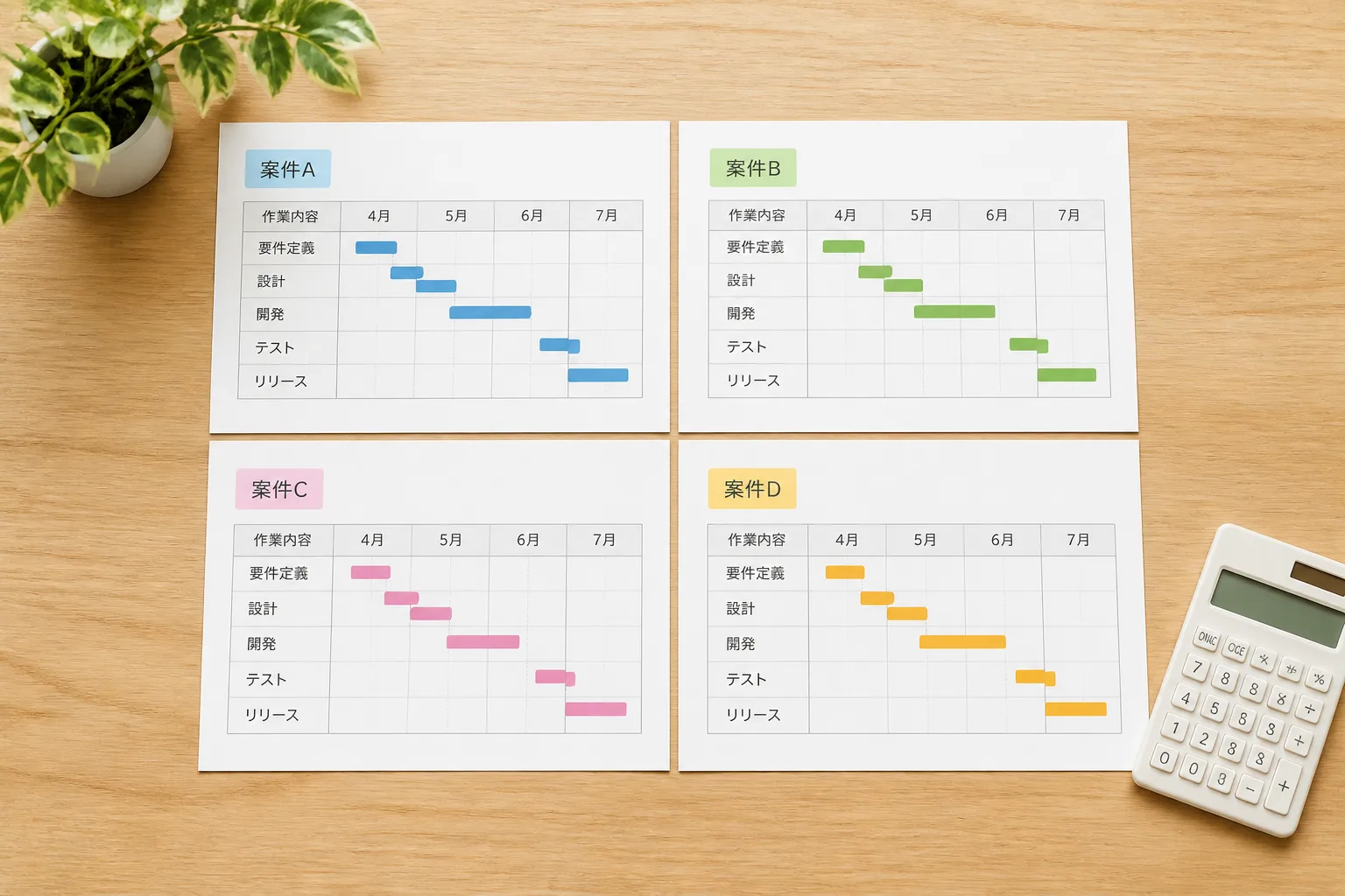 複数の案件の日程表を並べて比較している様子のイメージ