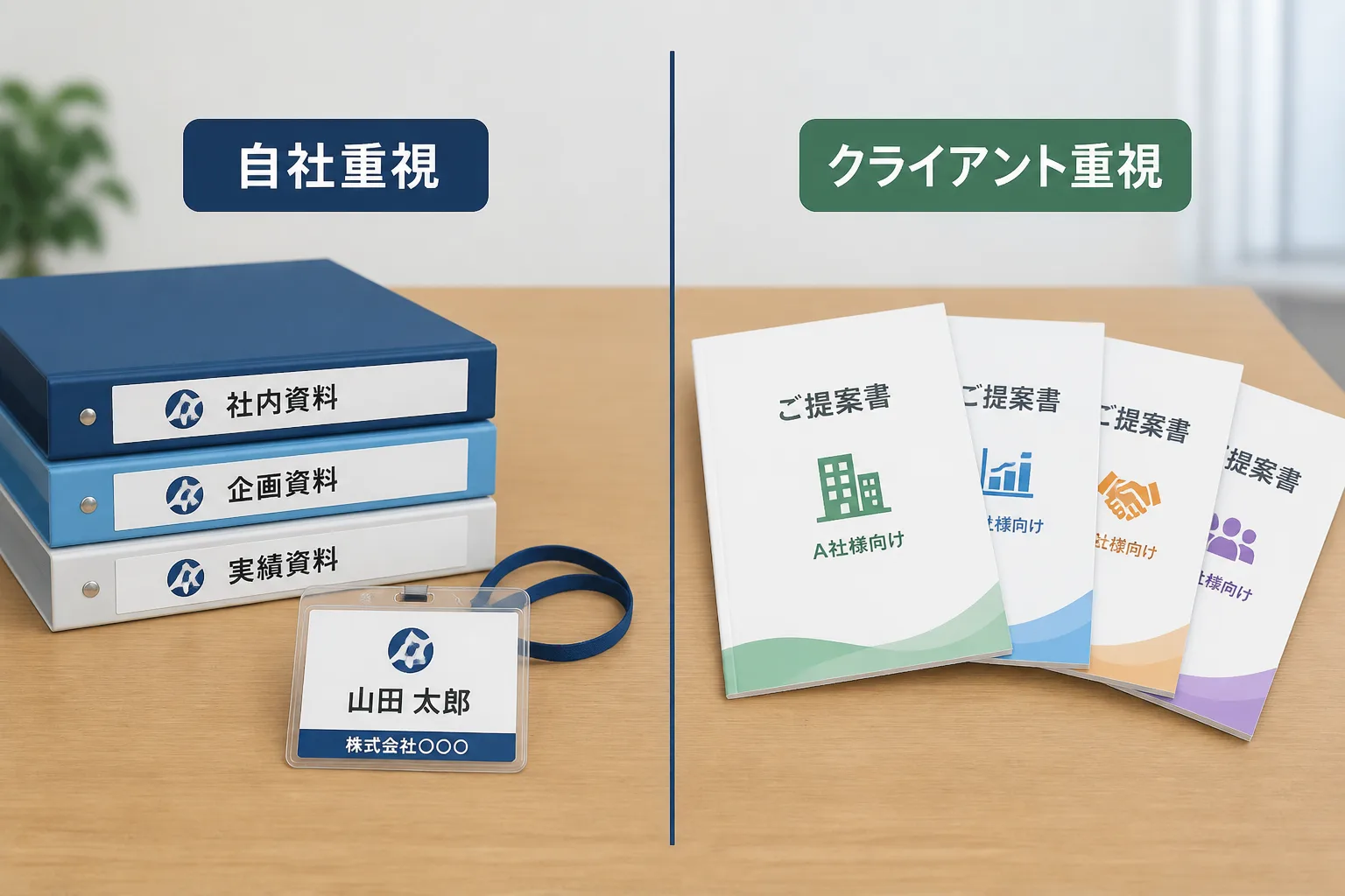 事業会社（インハウス）広報と代理店（PR会社）広報、それぞれの机の違いを対比したイラスト