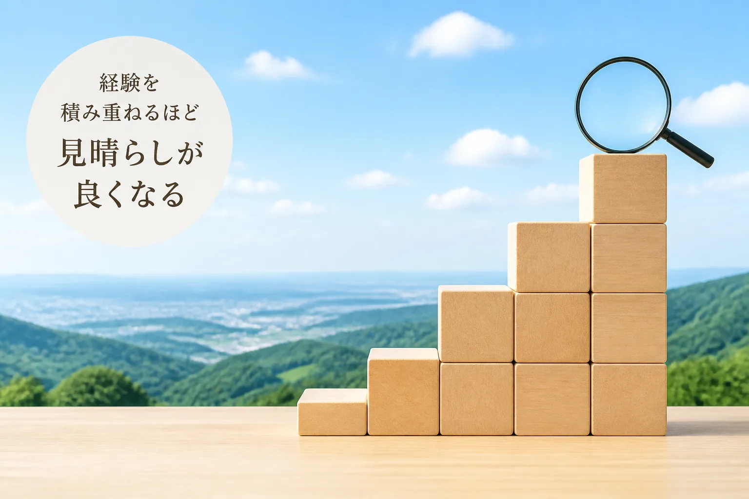 階段状に積まれたブロックの上に虫眼鏡が置かれた情景、HRBP経験年数の積み重ねが単価に影響することを表す