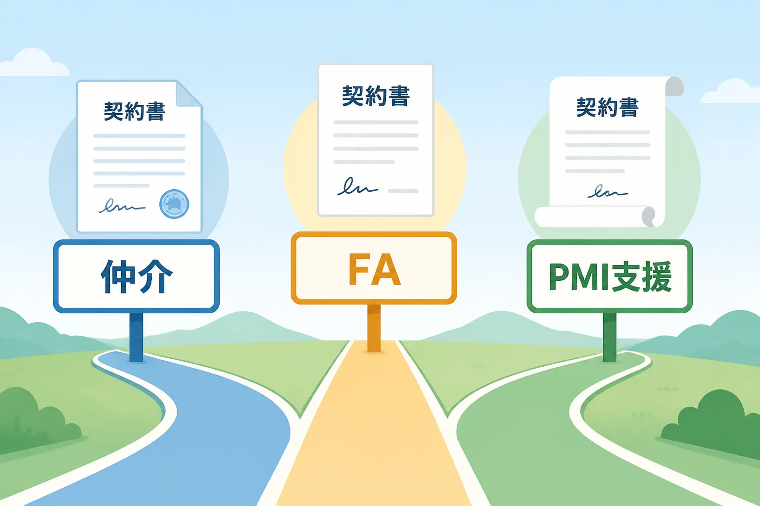 仲介・FA・PMI支援という3つの独立形態の違いを3本の道で示した比較図解