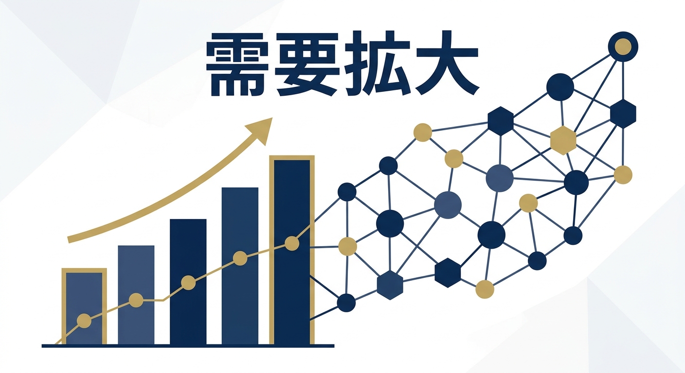 PMO・DX・生成AI領域の案件需要拡大を示す抽象的なデータビジュアル