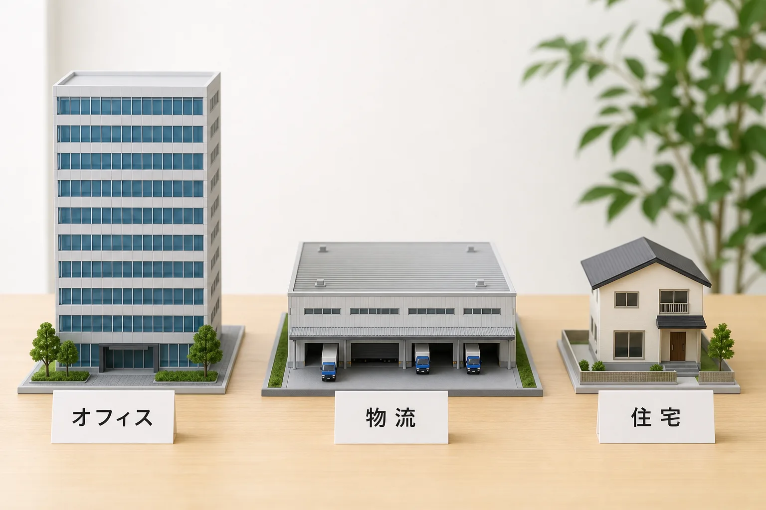 オフィス・物流施設・住宅という3つのアセットタイプの模型を並べて専門性の違いを示す比較図